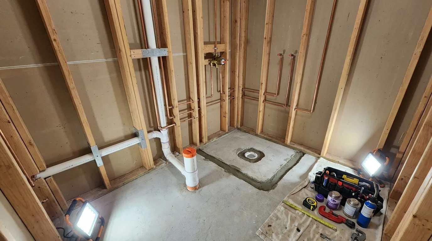 Bathroom rough-in plumbing during remodel by Johns Plumbing LLC in Navarre