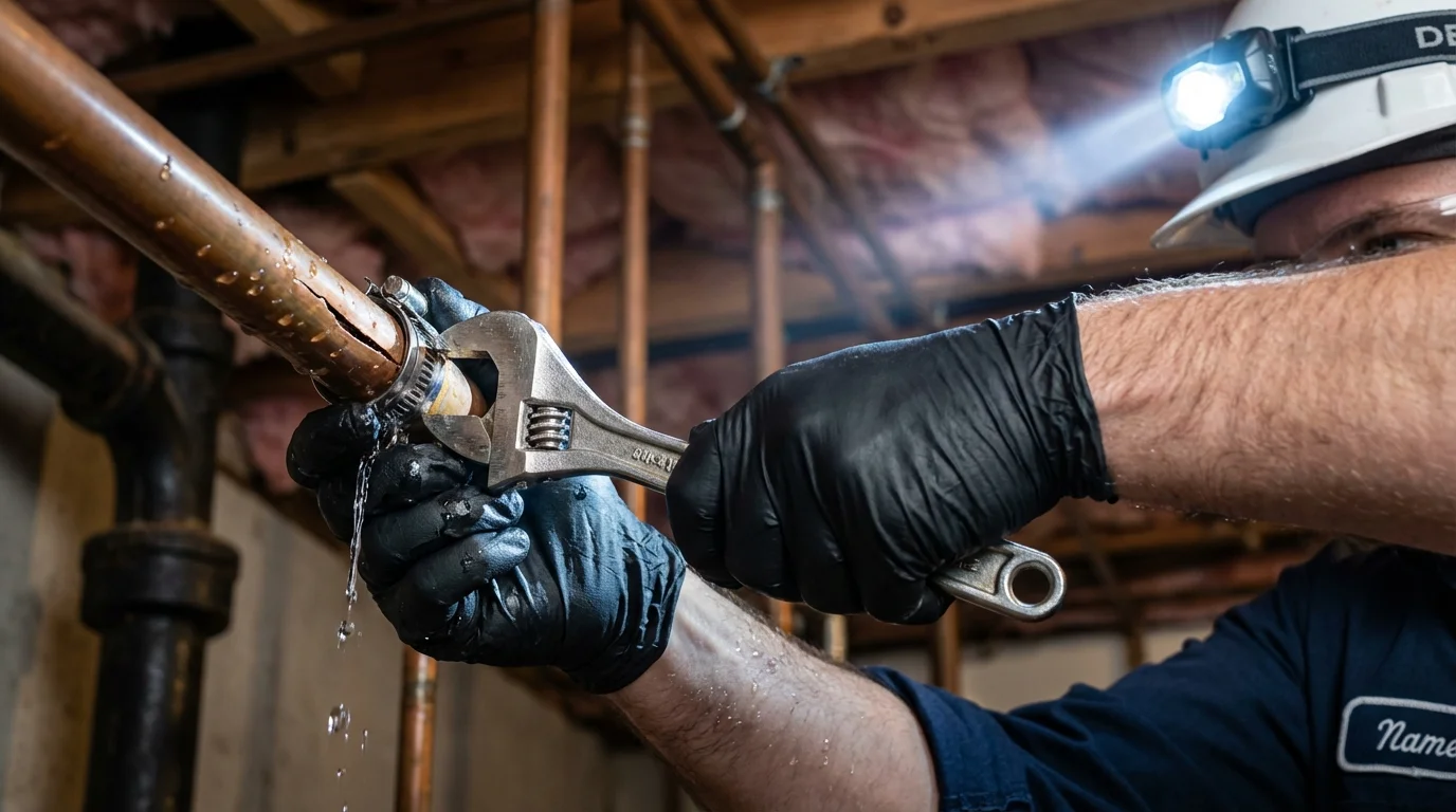 Emergency pipe clamp repair being performed by a Johns Plumbing LLC plumber in Navarre