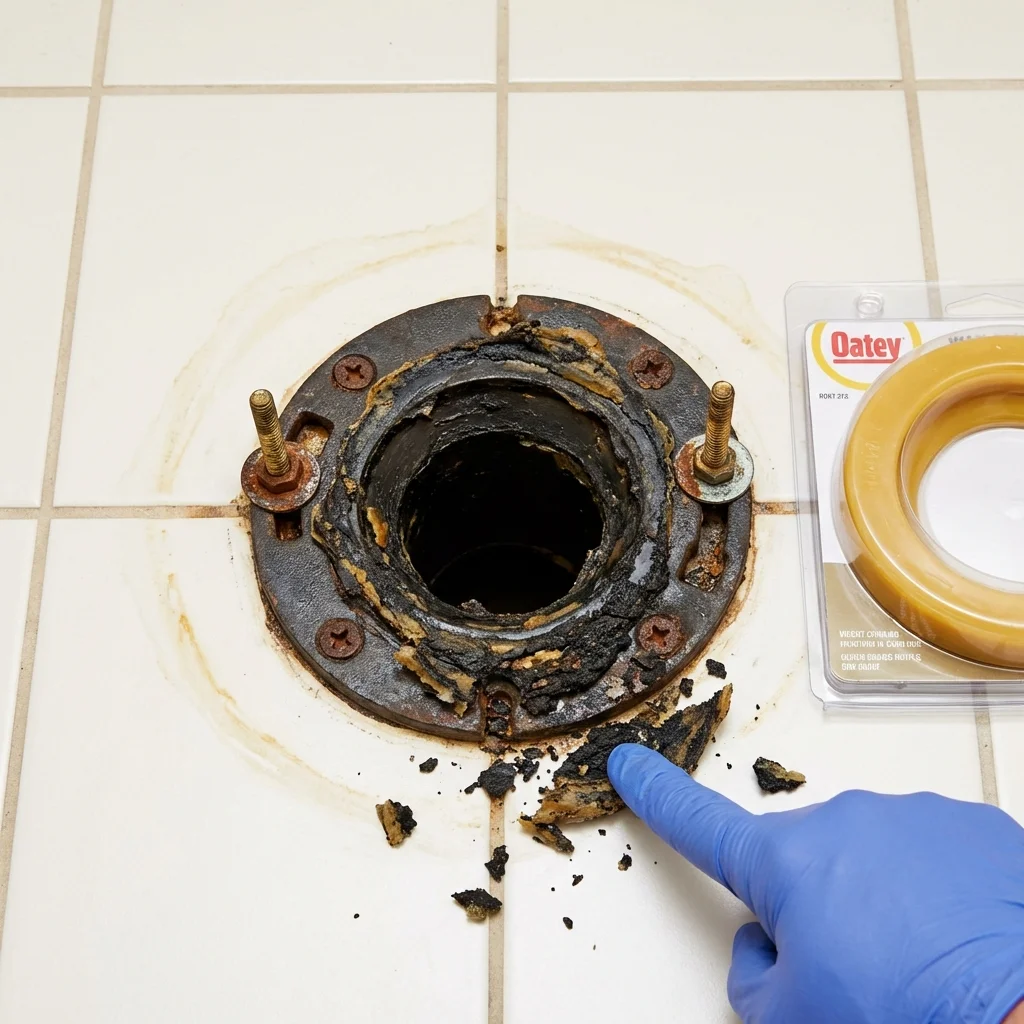 Failed wax ring showing water seepage at the base of a toilet in a Navarre, OH home