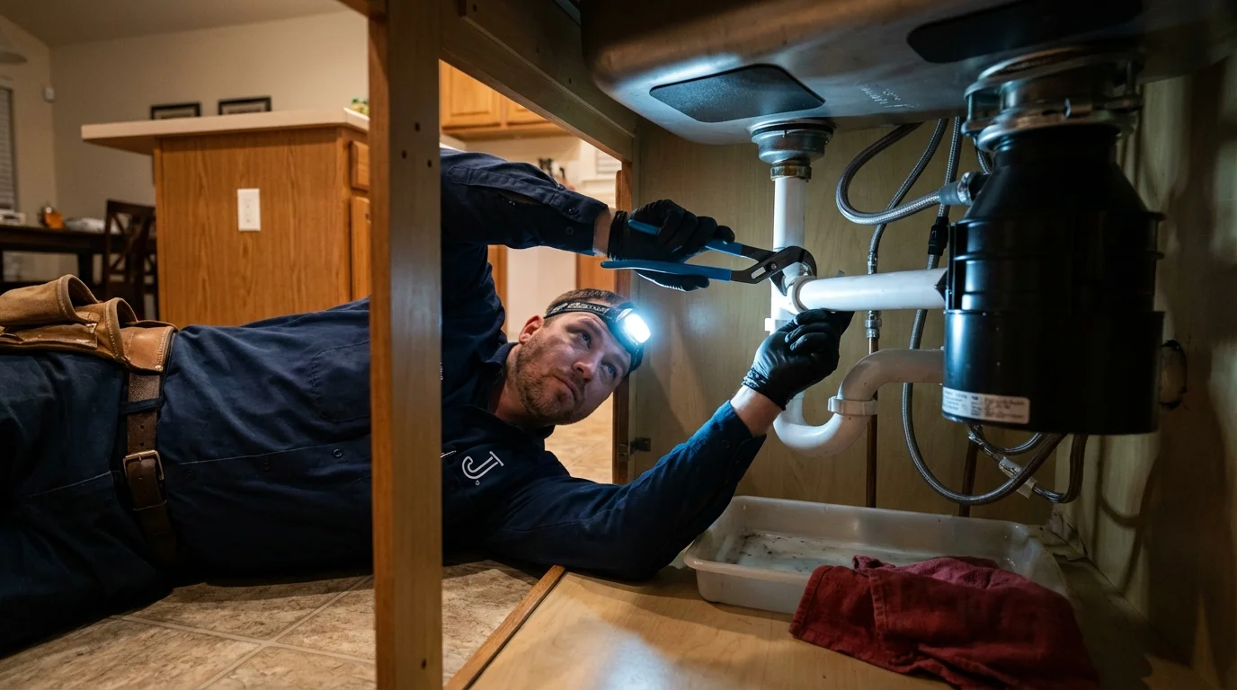 P-trap and supply line connections under a kitchen sink showing a common leak point in Navarre, OH